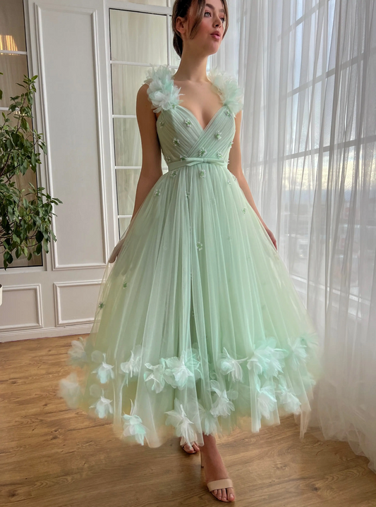 Mint Green A Line Graduation Ball Gown For Teens V Neck Flowers Shoulder Strap Tea-Length Tulle Prom Party Dress With Bow Belt