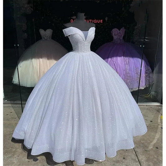 off-Shoulder White Quinceanera Dresses Vestidos De 15 Anos Skirt Gillter Birthday Princess Party Gowns