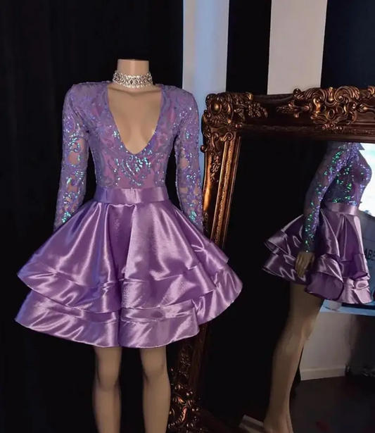 Purple Short Africa Black Girl Prom Dress 2024 Glitter Sequin Top Long Sleeve A-line Mini evening homecoming dress birthday gown