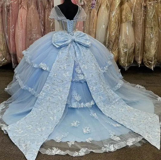 Light Blue Quinceanera Dresses Ball Gown Birthday Party Dress Lace Up Graduation Gown Beading With Bow quinceanera de 15 anos
