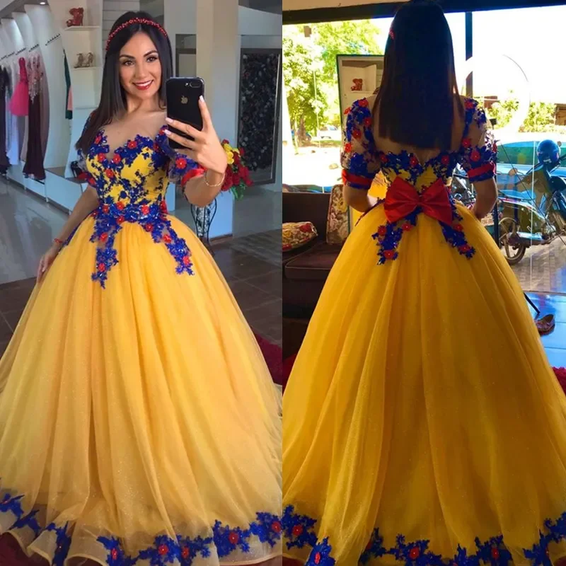 Yellow Gold Belle Princess Prom Dresses Sheer Neck Royal Blue Lace Appliques Fairy Tulle Costume Evening Gown Vestido De 15 Anos