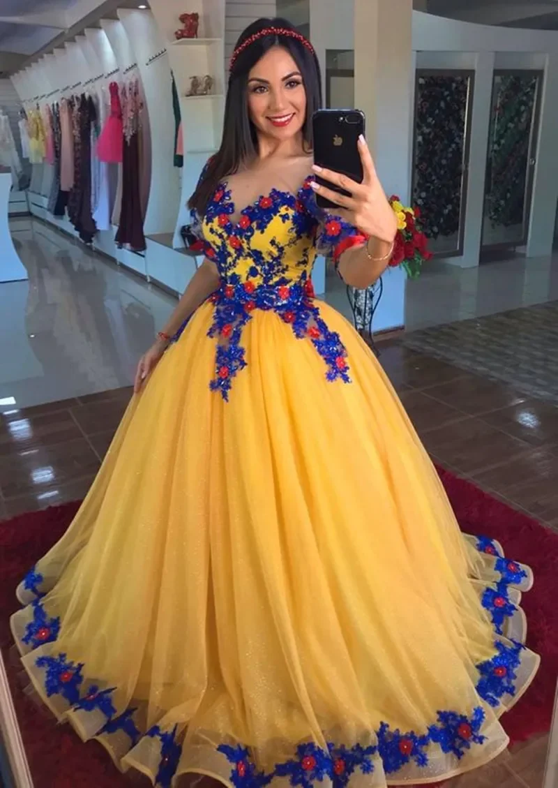 Yellow Gold Belle Princess Prom Dresses Sheer Neck Royal Blue Lace Appliques Fairy Tulle Costume Evening Gown Vestido De 15 Anos