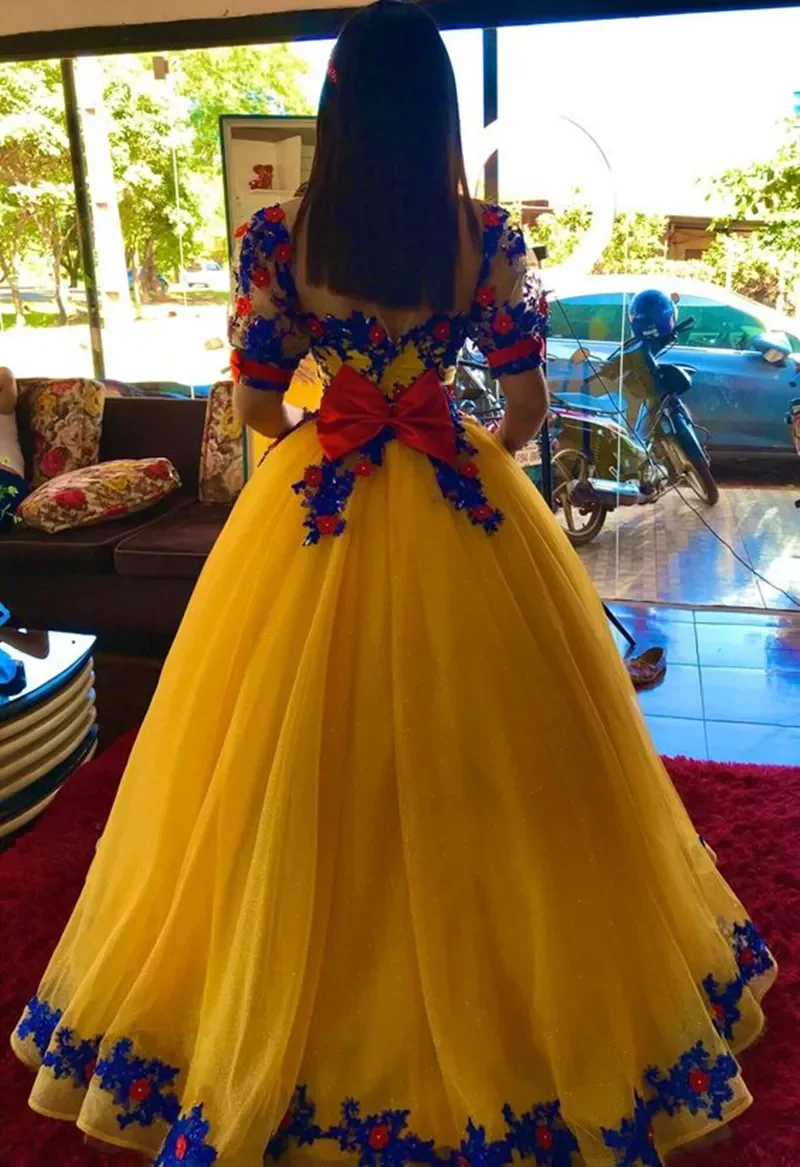 Yellow Gold Belle Princess Prom Dresses Sheer Neck Royal Blue Lace Appliques Fairy Tulle Costume Evening Gown Vestido De 15 Anos