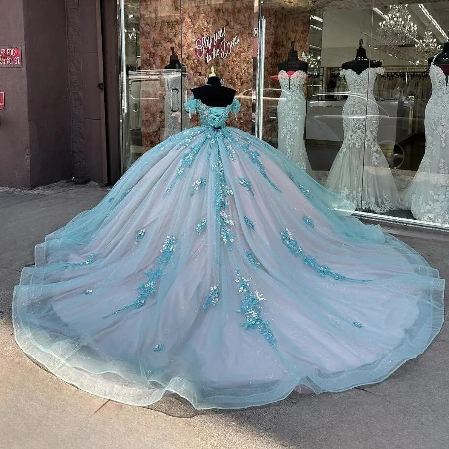 Baby Blue Pink Princess Quinceanera Dresses 2025 Off Shoulder Floral A ...