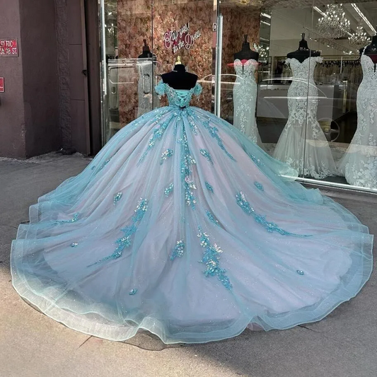 Baby Blue Pink Princess Quinceanera Dresses 2025 Off Shoulder Floral Applique Corset Lace-up vestidos de 15 años quinceañeras