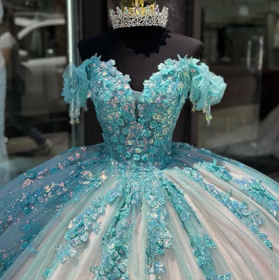 Baby Blue Pink Princess Quinceanera Dresses 2025 Off Shoulder Floral Applique Corset Lace-up vestidos de 15 años quinceañeras