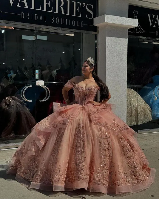 Blush Pink Sparkly Princess Quinceanera Dresses Off Shoulder Gillter Applique Ruffles Lace-up Corset Prom vestidos de xv
