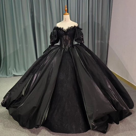 Black Gothic Princess Quinceanera Dresses 2025 Off Shoulder Puffy Sleeve Gillter Lace-up Corset Prom vestido de 15 años sweet 16