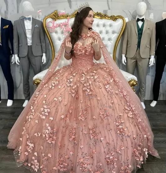 Rose Gold 3D Flowers Crystal Quinceanera Dress With Cape Appliques Beading Tassel Corset Vestidos De XV Anos sweet 15