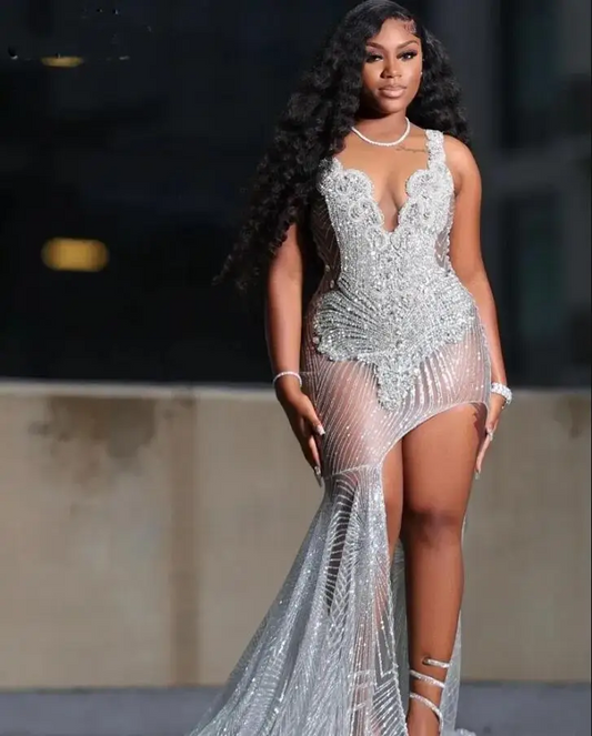 Luxury See Through Mermaid Prom Dresses For Black Girls Sequin Rhinestone evening Occasion Party Gowns