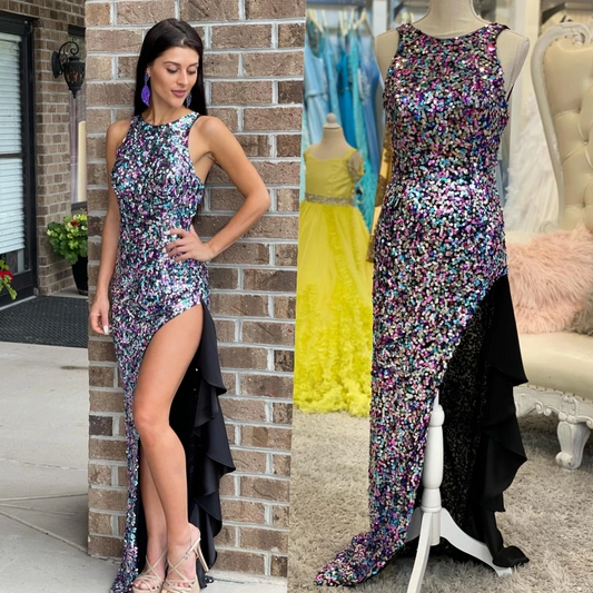 Music Festival Party Dress Lady Sheath Cocktail Hoco Gown Colorful Sequin Homecoming Prom Ruffle Skirt Slit
