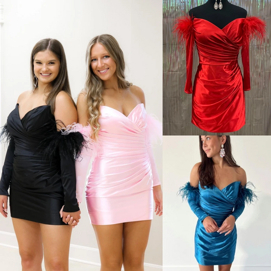 Satin Cocktail Dress 2k24 Detachable Long Feather Sleeves Homecoming Prom Pageant Formal Event Party Gala Gowns