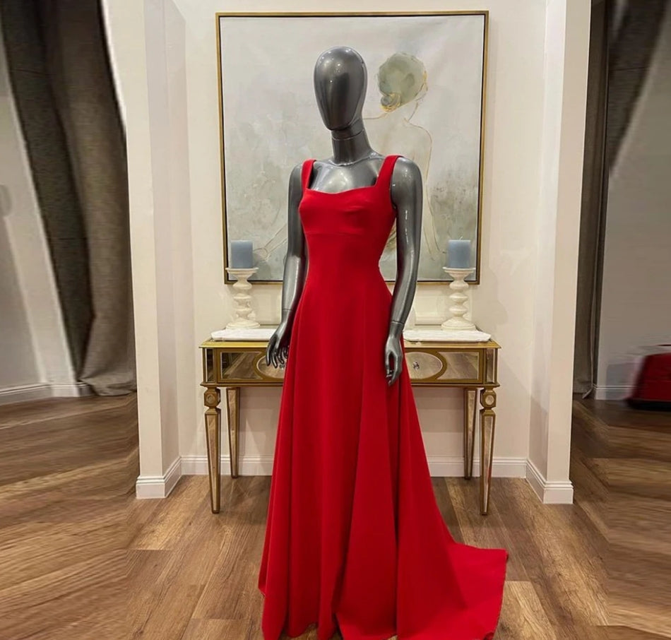 A-line Red Saudi Arabia Prom Dresses Square Collar Sleeveless Evening Party Gowns Long Satin Formal Evening Dress