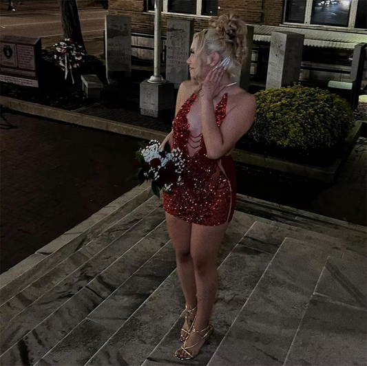 Shiny Red Halter Luxury Prom Dresses 2024 Rhinestones Mermaid Mini Cocktail Dress Homcoming Birthday Party Gowns Blackgirls