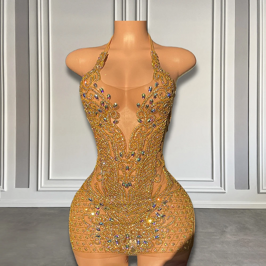 See Through Halter Sexy Birthday Party Formal Dress for Black Girls Sparkly Gold Diamonds Short Mini Prom Cocktail Gowns 2024