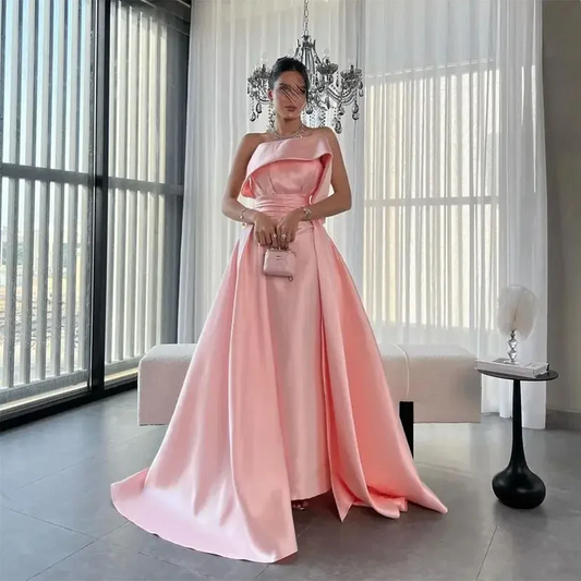 Pink Strapless Prom Dresses Sleeveless Pleated Floor Length Women Evening Gowns Saudi Arabia Wedding Party Dresses