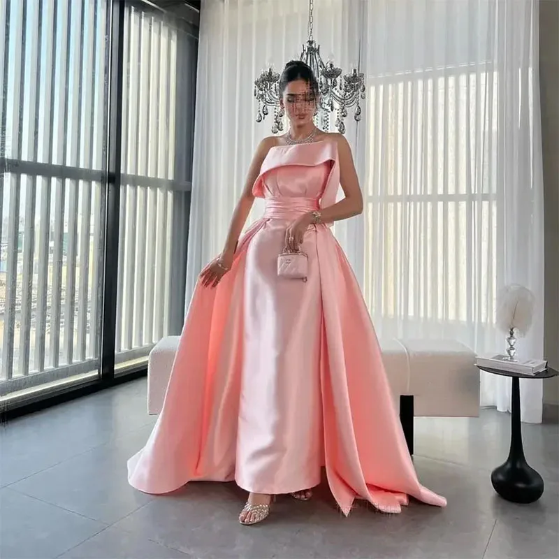 Pink Strapless Prom Dresses Sleeveless Pleated Floor Length Women Evening Gowns Saudi Arabia Wedding Party Dresses