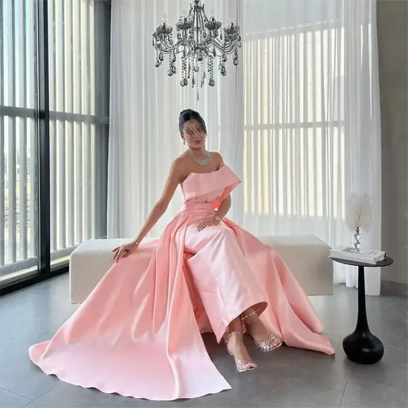 Pink Strapless Prom Dresses Sleeveless Pleated Floor Length Women Evening Gowns Saudi Arabia Wedding Party Dresses