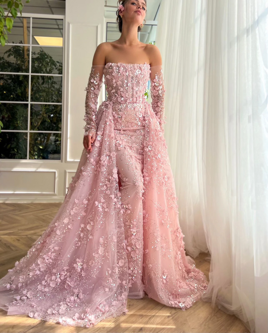 Elegant 3D Flowers Pink Luxury Dubai Evening Dress with Overskirt Lilac Long Sleeves Women Wedding Party Gown