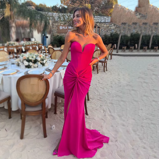 Fuchsia Mermaid Prom Dresses Side Split Evening Gown Woman Pleats Elegant Party Dress Beach Wedding Guest Dress