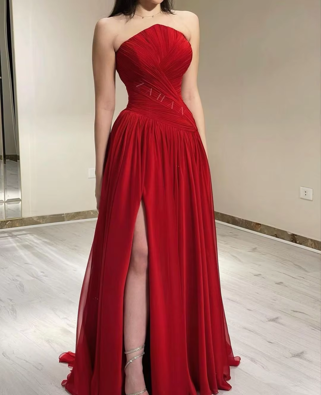 Red Evening Dress Women Chiffon Long Prom Dresses Strapless Pleated Side Split Party Gowns Special Banquet Club فساتين السهرة