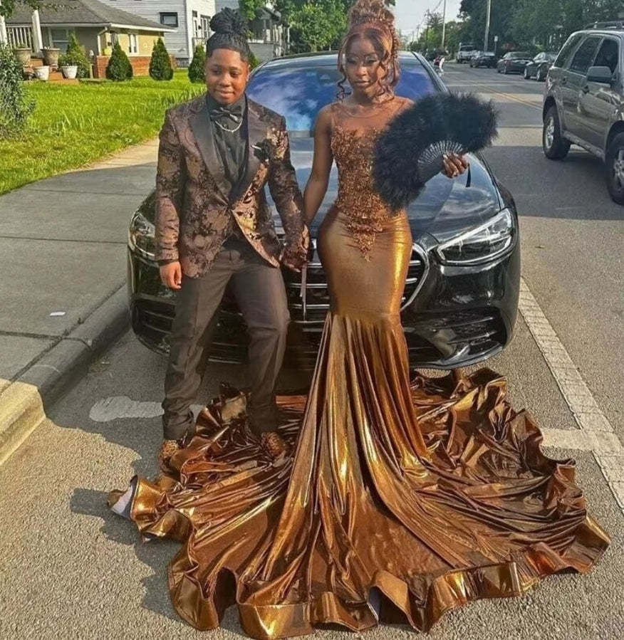 Brown Satin Mermaid Prom Dress For Black Girl 2024 Glitter Diamond Crystal Birthday Reception Gown Robe De Soiree