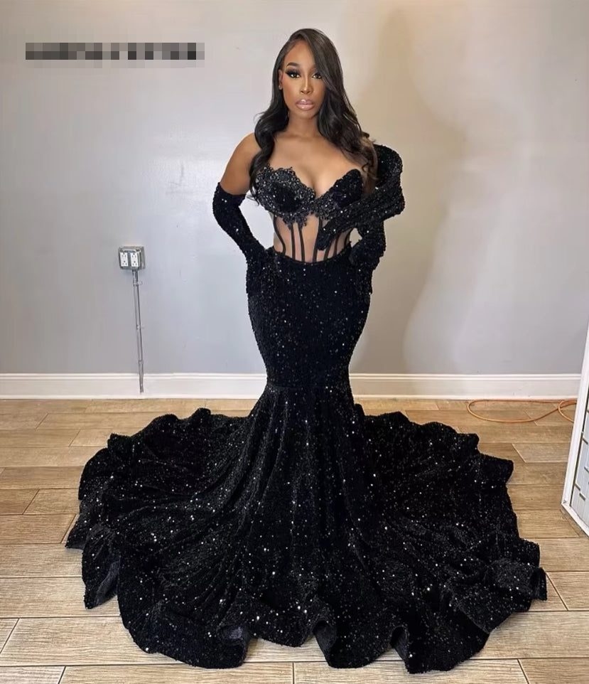 Sexy Black Sequin See Thru Mermaid Long Prom Dresses With Gloves Halloween Afican Elegant Dress For Wedding Party Evening Gowns