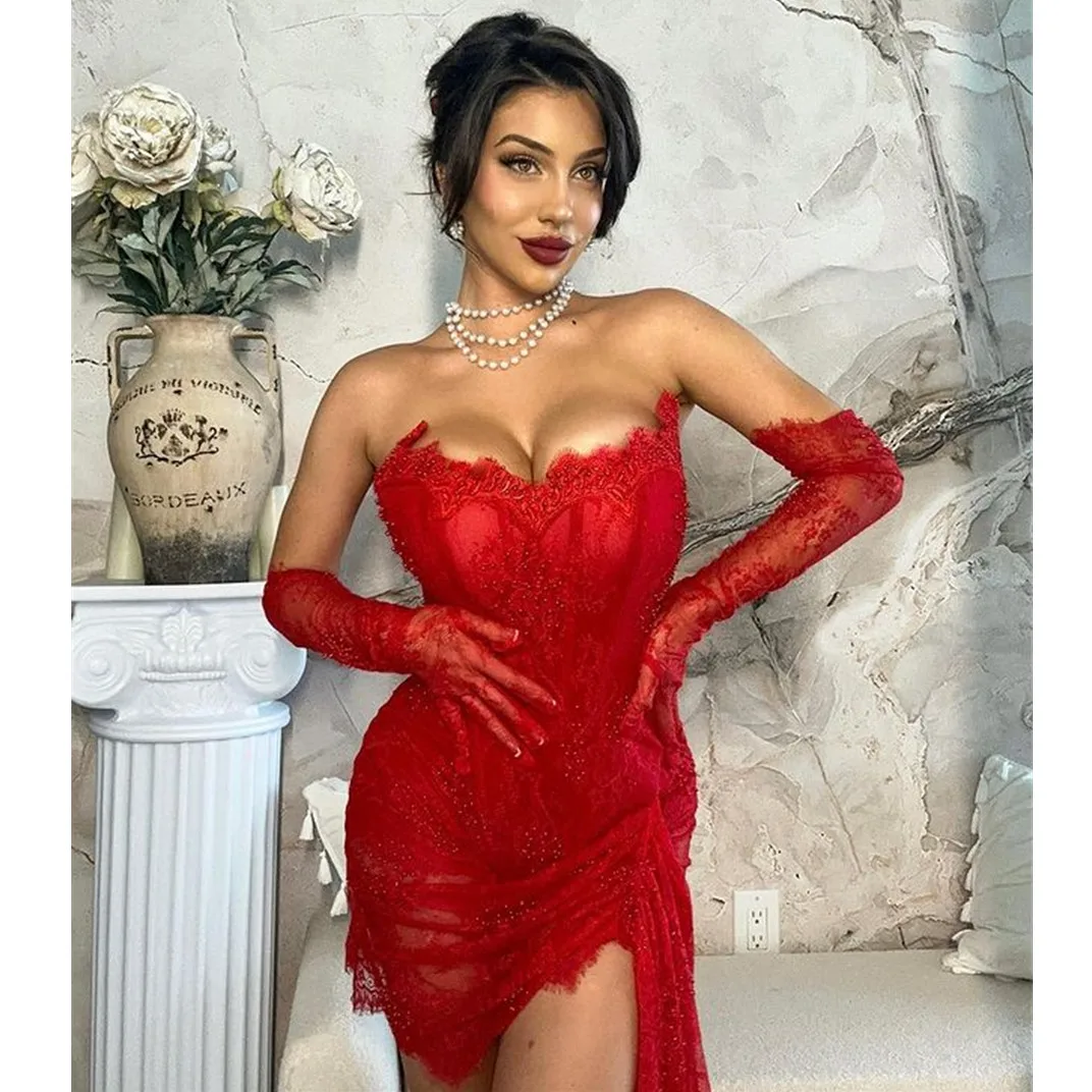 Sexy Red Romantic Lace Prom Dresses With Glove 2024 Birthday Luxury Dress For Blackgirls Strapless Mermaid Homecoming Lace-Up