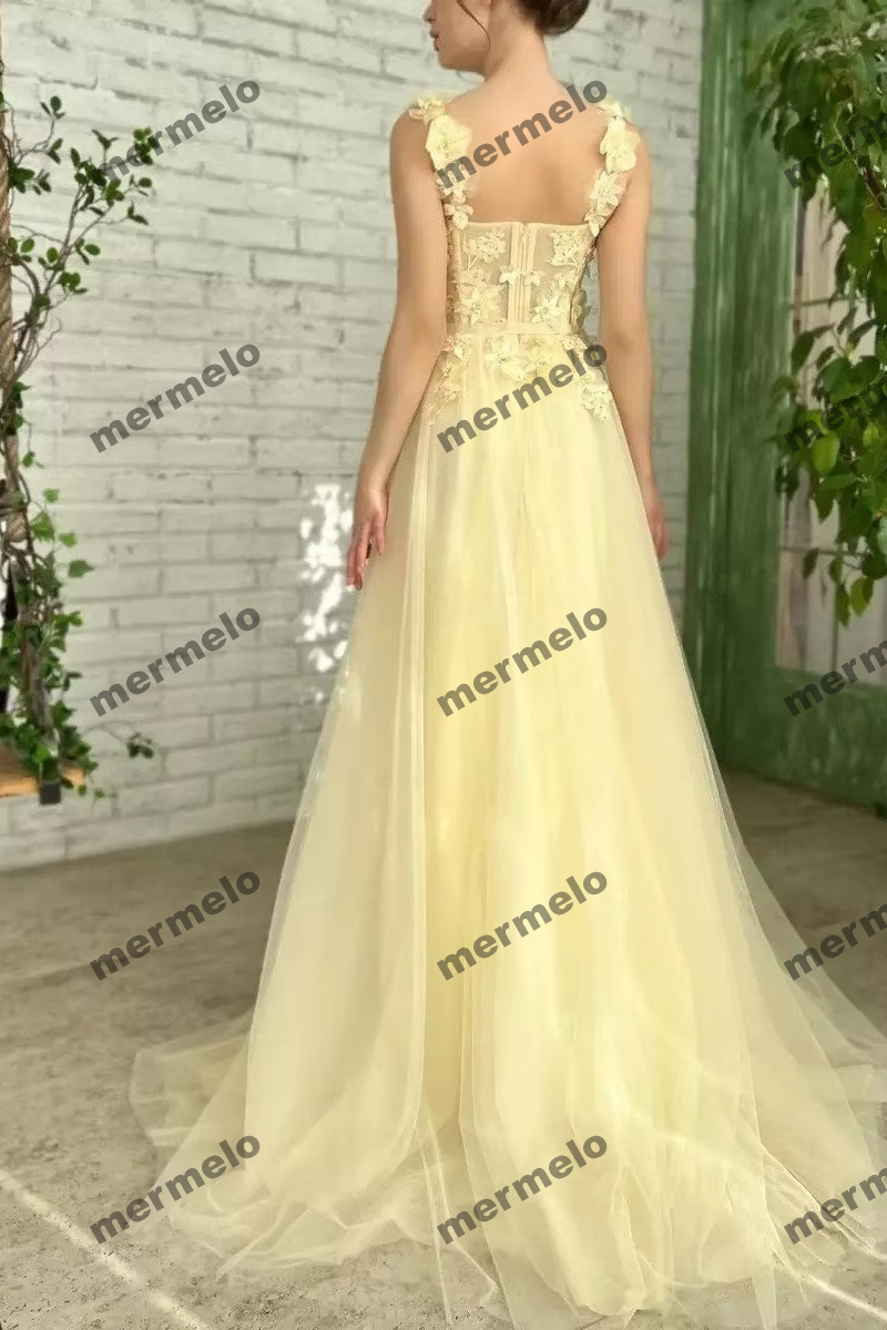 Yellow Lace Applique Tulle Graduation Prom Dress