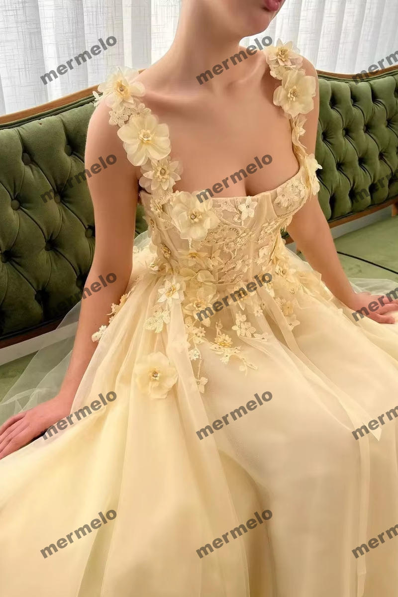 Yellow Lace Applique Tulle Graduation Prom Dress