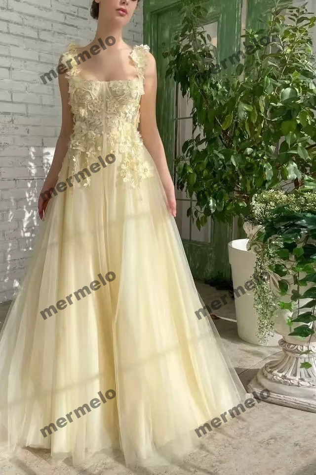 Yellow Lace Applique Tulle Graduation Prom Dress