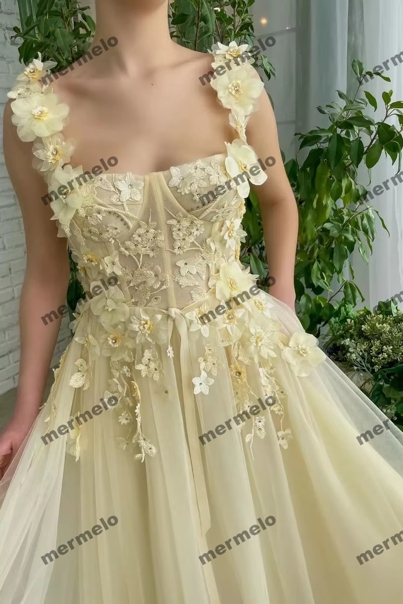 Yellow Lace Applique Tulle Graduation Prom Dress