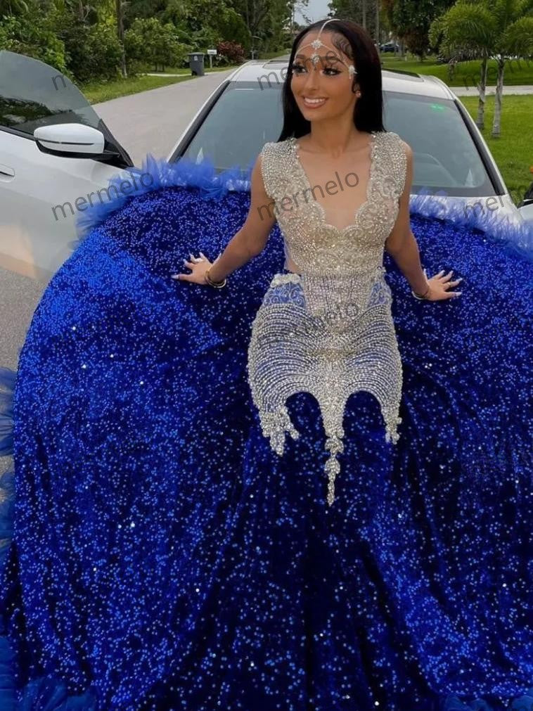 Royal Blue Prom Dress Long Celebrity Shiny Crystal For Black Women Ruffles Beads