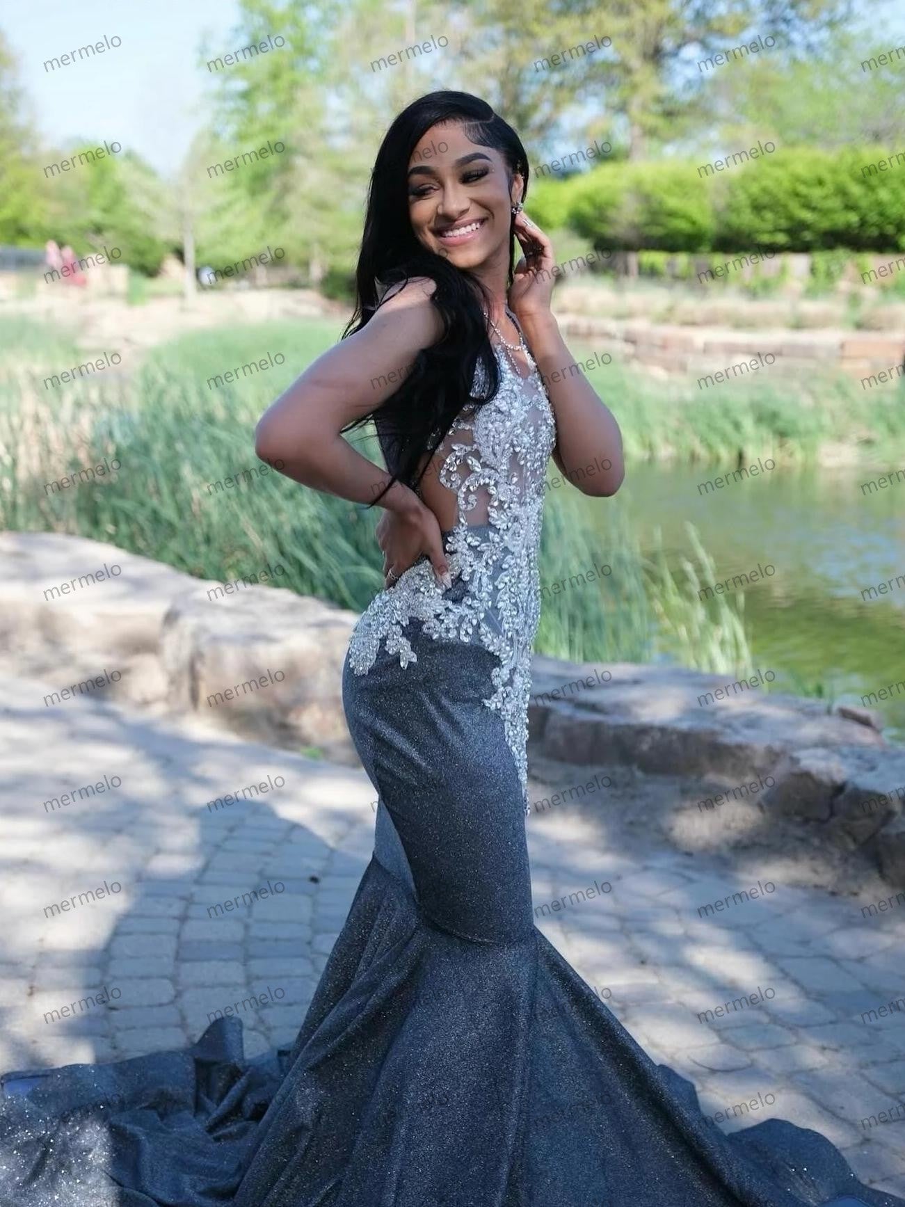 Silver Grey Mermaid Long Prom Dress Sexy Evening Dress Black Girl's Formal Gown cc269 main image 0
