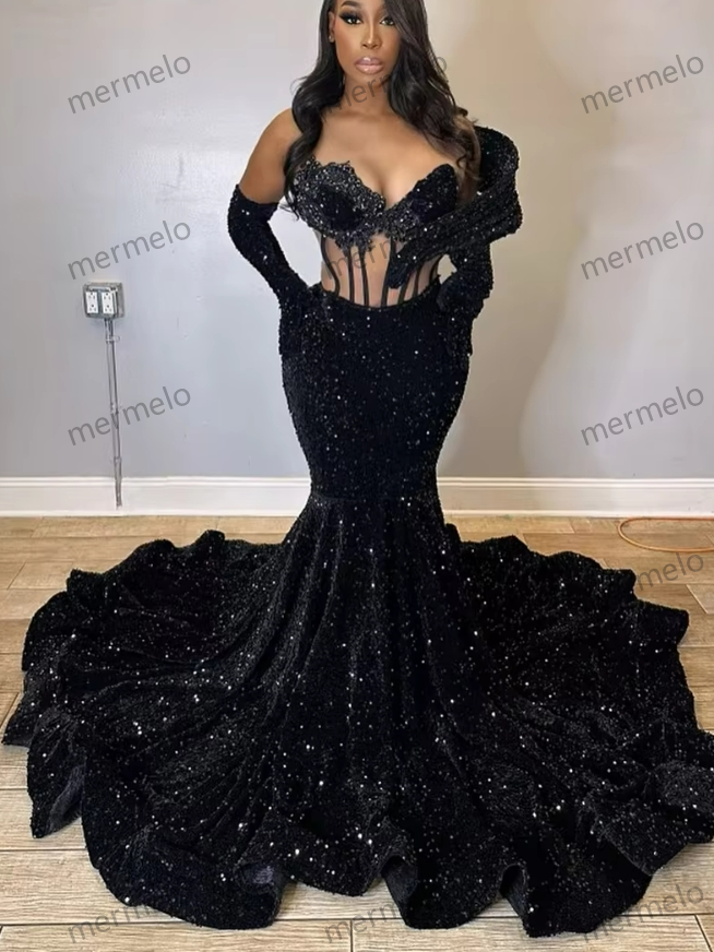 Sexy Mermaid Straps Sequin Black Prom Dresses C50 main image 0