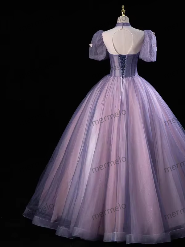 Women's Elegant Long Evening Dress Purple Tulle Half High Collar Appliques Puff Sleeves Wedding Birthday Party Formal Prom Gown