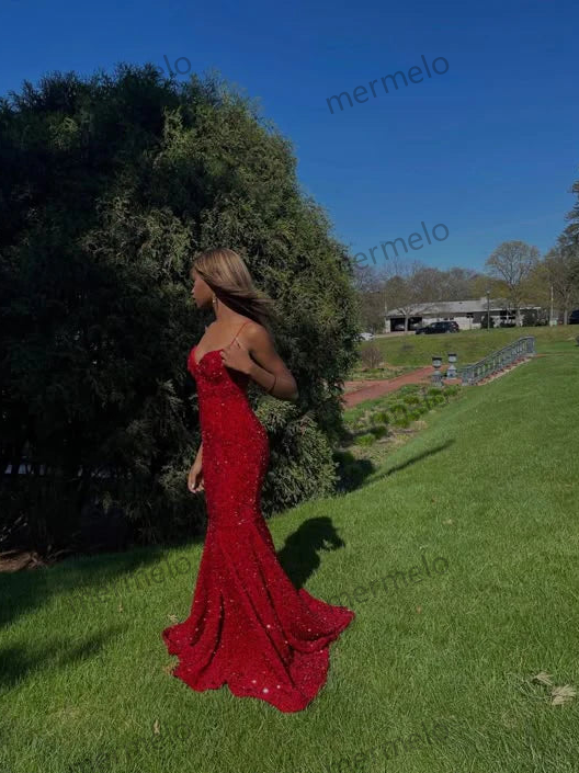 Wholesale Elegant Formal Dress Spaghetti Straps Red Sequin Mermaid Long Prom Dress Dresses Gowns Evening Dresses