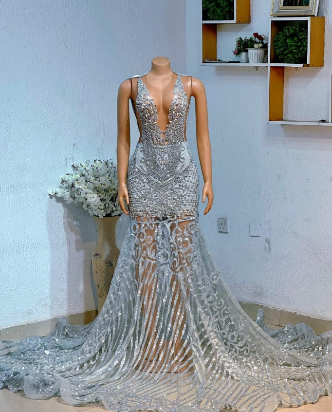 African Prom Dress, Ball Dress, Luxury Silver Mermaid Prom Dress, Brid 