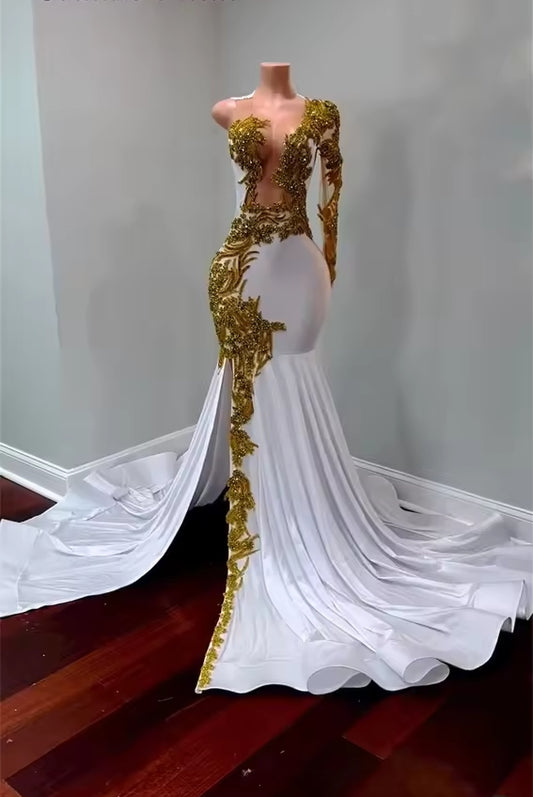 White Mermaid Prom Dresses Black Girls Gold Beads Crystal Split One Shoulder Long Sleeves Birthday Luxury Dress Customized