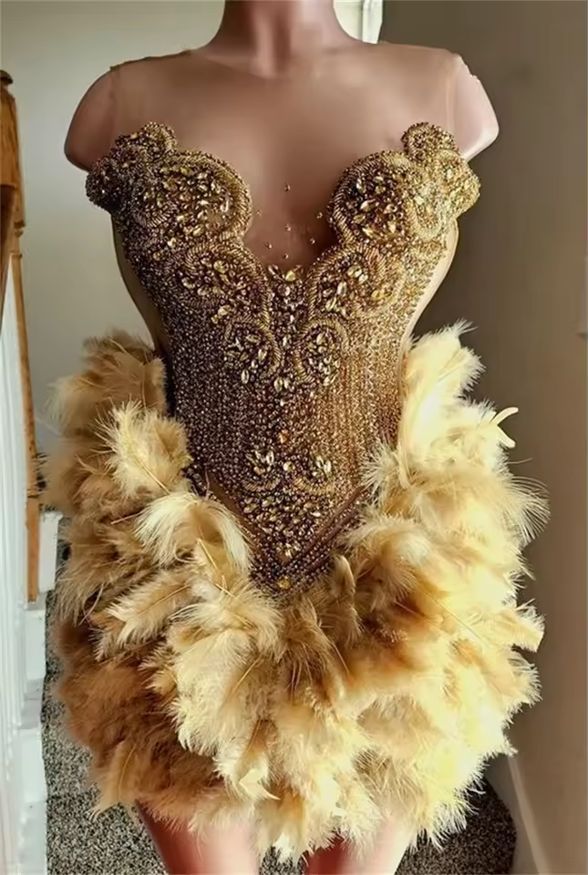 Sexy Gold Dimonds Prom Dress For Black Girls Sheer Mesh Luxury Crystal Beads Rhinestones Birthday Party Cocktail Gown Customized