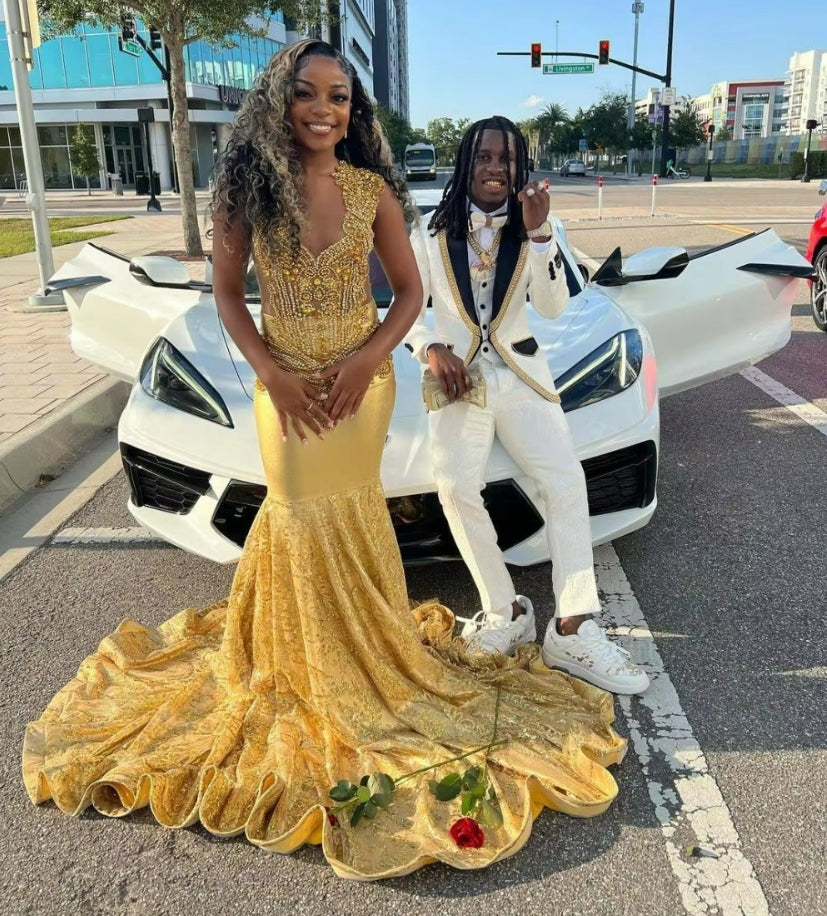 Customized Sparkly Gold Long Prom Dress For Black Girls African Mermaid Crystal Beaded Birthday Evening Party Gown