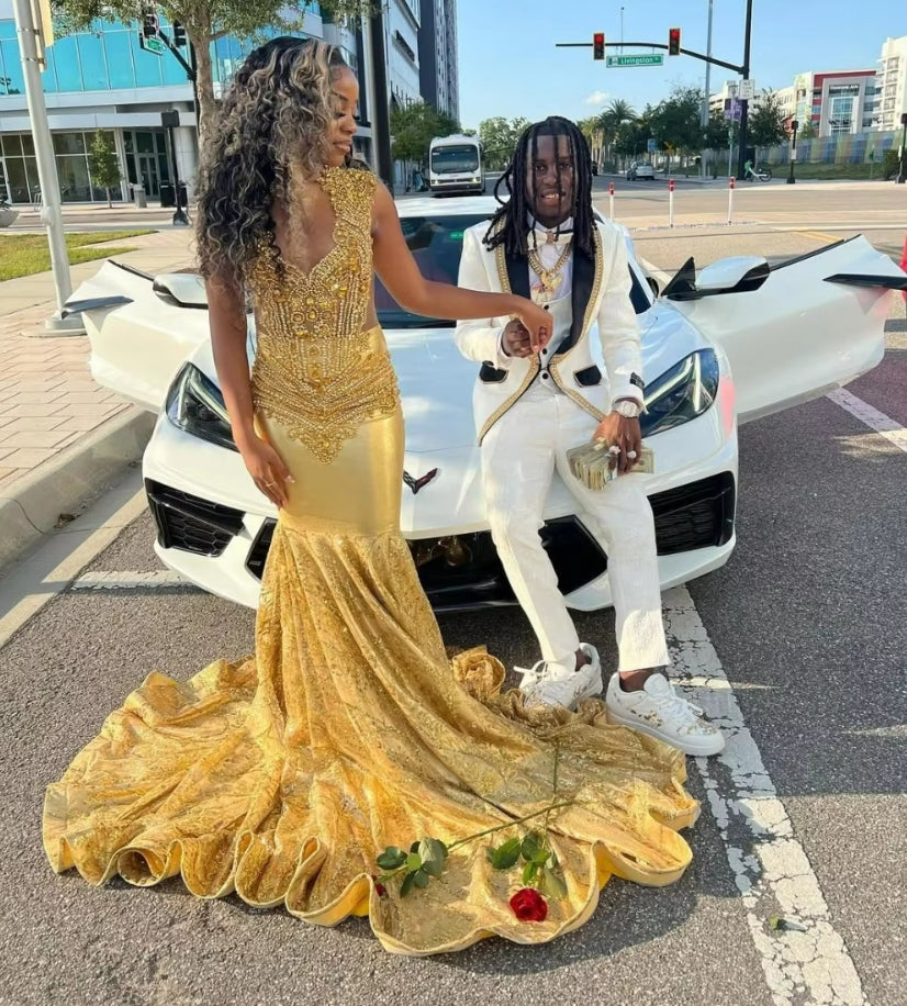 Customized Sparkly Gold Long Prom Dress For Black Girls African Mermaid Crystal Beaded Birthday Evening Party Gown