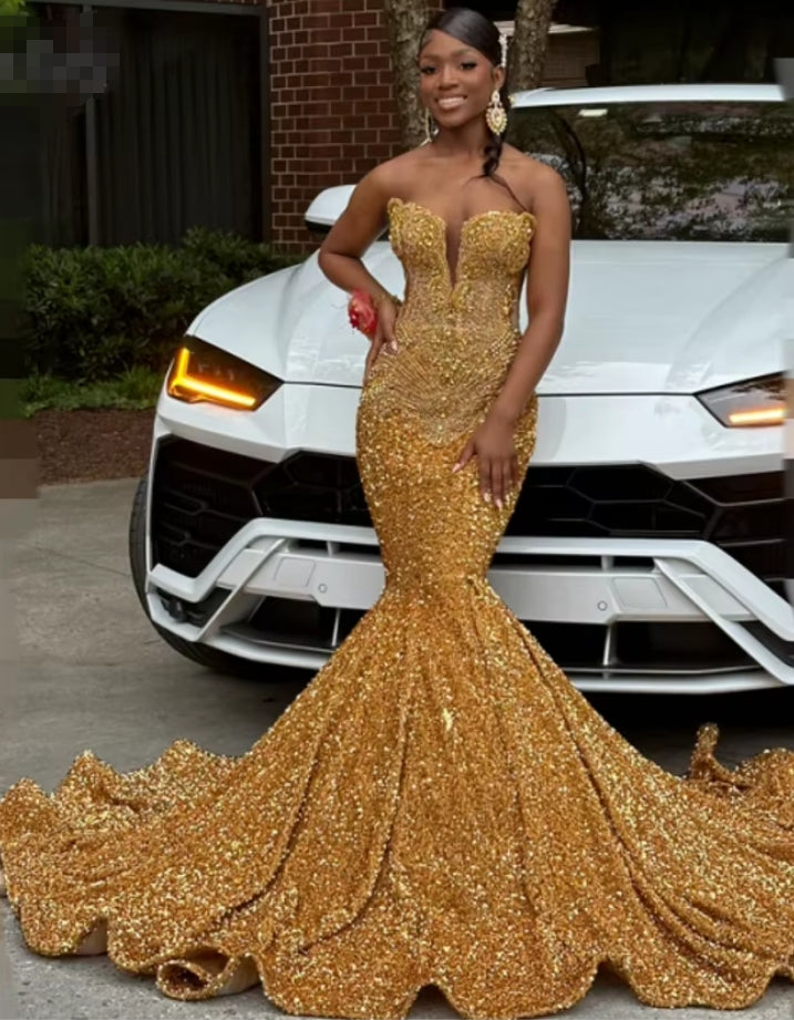 Sequin Gold Prom Dresses 2025 Luxury For Black Girl Crystal Diamond Me