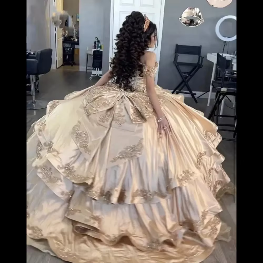Princess Mexico Champagne Gold Quinceanera Dresses Off The Shoulder Satin Ruffels Ball Gown Sweet 16 Dresses vestidos