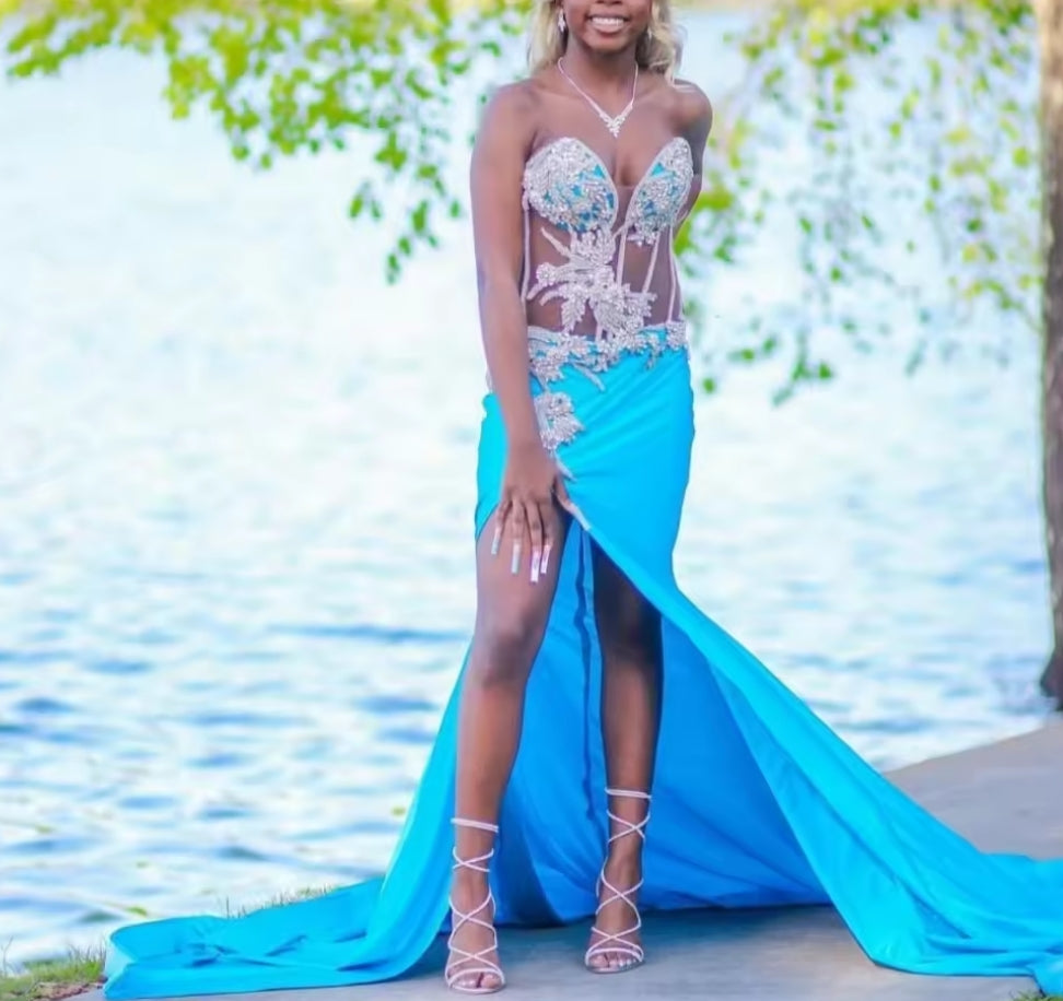 Blue High Slit Mermaid Prom Dress For African Black Girls Silver Diamonds Beaded Party Gowns