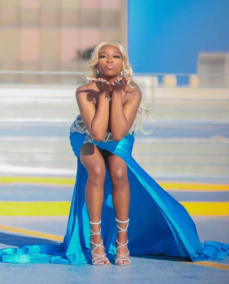Blue High Slit Mermaid Prom Dress For African Black Girls Silver Diamonds Beaded Party Gowns