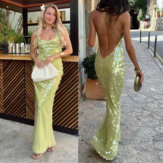 Green Sexy Backless Sequins Long Dresses Women Elegant Off Shoulder Square Neck Bodycon Dress New Lady Evening Party Robes