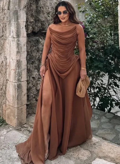 Brown Sexy High Split Prom Dress Strapless Pleated A Line Evening Gowns Elegant Women Formal Occasion Party Dress Robe De Soiree