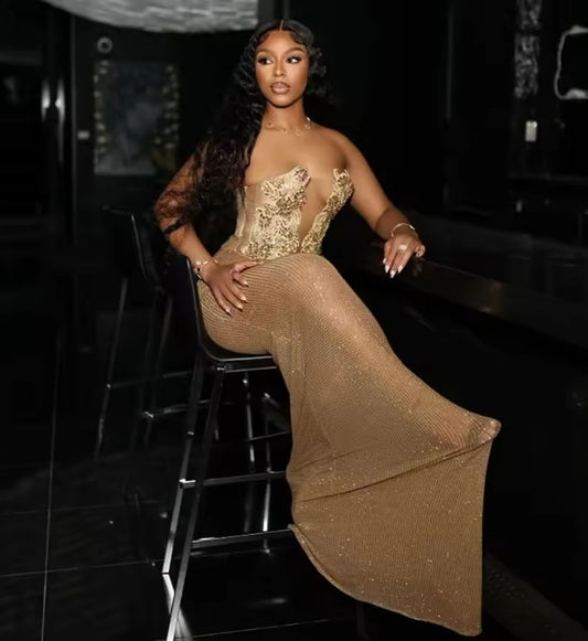 Customized Gold Evening Dress Crystals Beading Crystal Prom Gowns Bridal Wedding Party Dress Vestidos De Novia