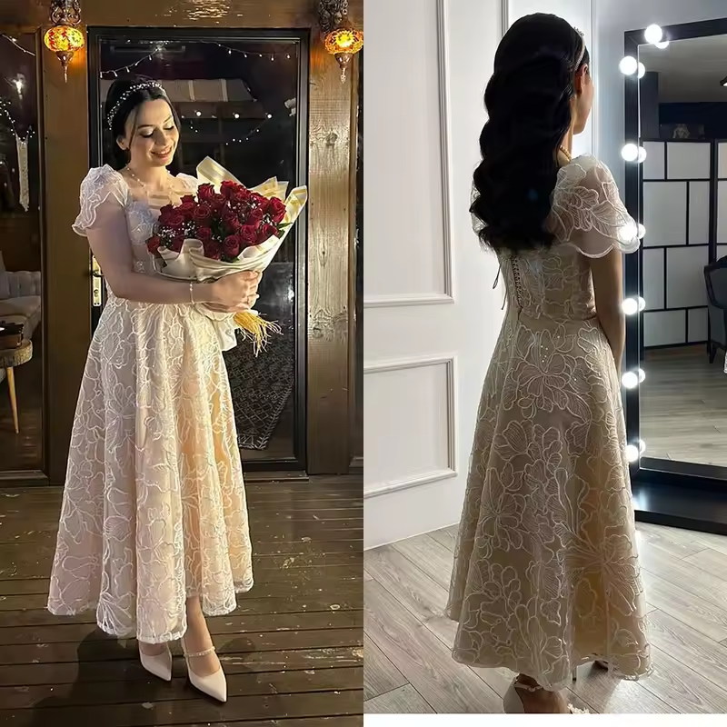Elegant Prom Dress Organza With Embroidery With Short-Length A-Line Ball Gown Short Sleeves Square Collar Bride Customized Chic